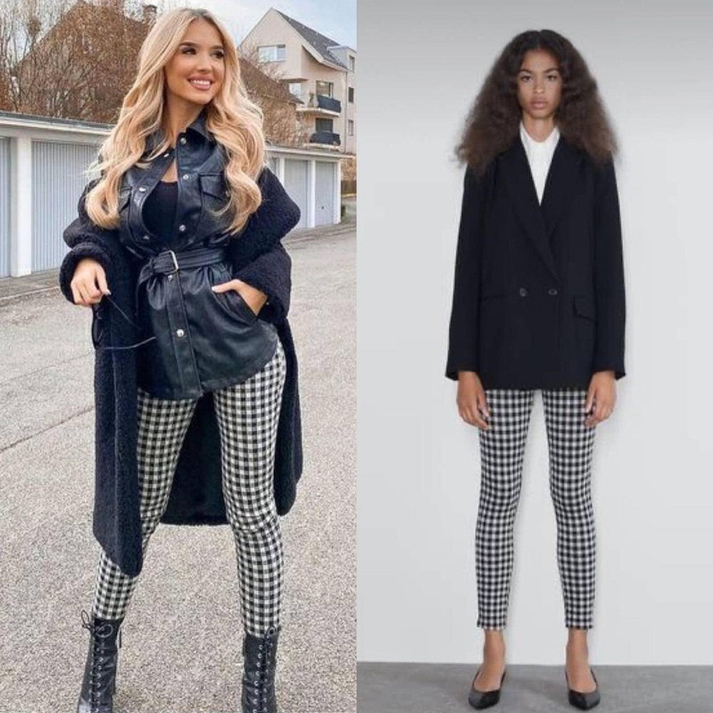 🖤 Zara Black & White Gingham High-Waist Skinny Pants Leggings • Size S